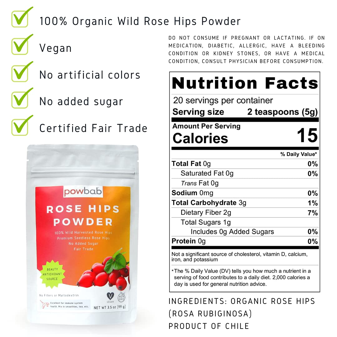 powbab Rose Hips Powder from 100% Wild Organic Rosehip. Premium Rosa Rubiginosa. Seedless Ground Rosehips from Whole Dried