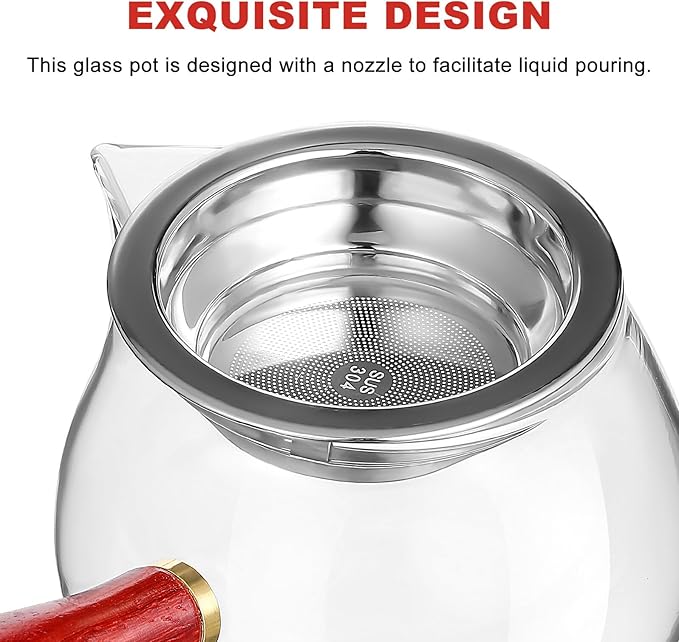 Healifty Glass Tea Pitcher with Wooden Handle and Infuser Thick Borosilicate Glass Dispenser Cup for Loose Leaf Tea Easy-pour Spout for Office Home