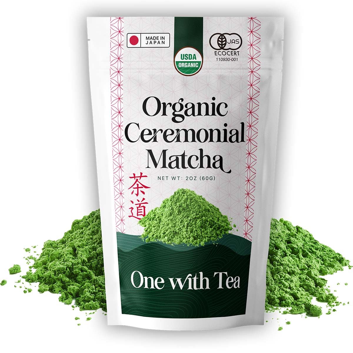 ONE With TEA Ceremonial Matcha Powder, Organic Japanese Green Tea Powder, Stone Ground, Premium Grade, Made in Japan, 2 oz (60g)