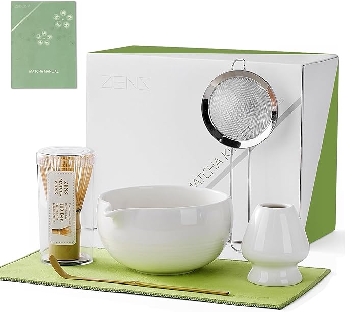 ZENS Matcha Whisk Set, 6pcs Matcha Kit Includes Ceramic Bowl, Handcrafted Bamboo Whisk and Chasen Holder, Scoop, 304 Sifter & Tea Mat，Matcha Set for Tea Ceremony,Latte Making, White