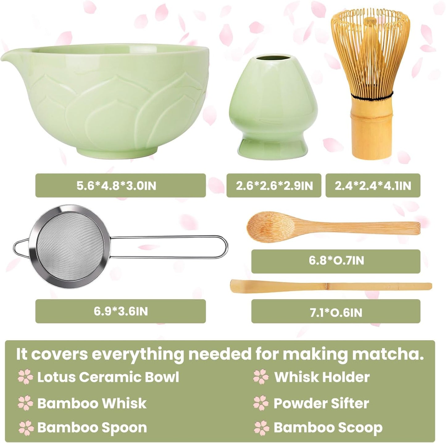 Matcha Whisk Set, Lotus Green Ceramic Matcha Set Includes Matcha Bowl, Matcha Whisk (Chasen) and Holder, Sifter, Bamboo Scoop &amp; Spoon - 6 Pcs Matcha Kit for Matcha Lovers