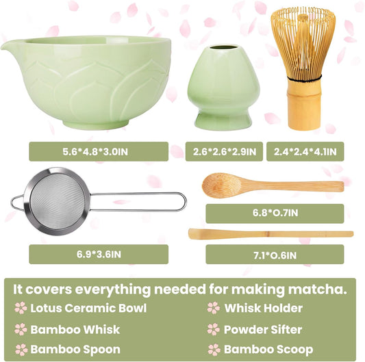 Matcha Whisk Set, Lotus Green Ceramic Matcha Set Includes Matcha Bowl, Matcha Whisk (Chasen) and Holder, Sifter, Bamboo Scoop &amp; Spoon - 6 Pcs Matcha Kit for Matcha Lovers