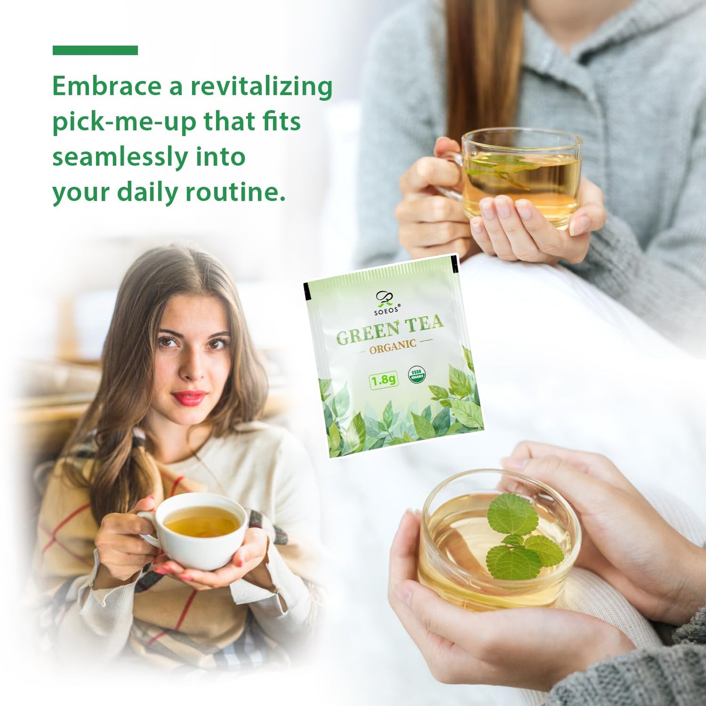 Soeos Organic Green Tea, 100 Tea Bags (Pack of 1), Caffeinated, Low Caffeine, Fresh and Healthy Green Tea, 6.3 Ounce