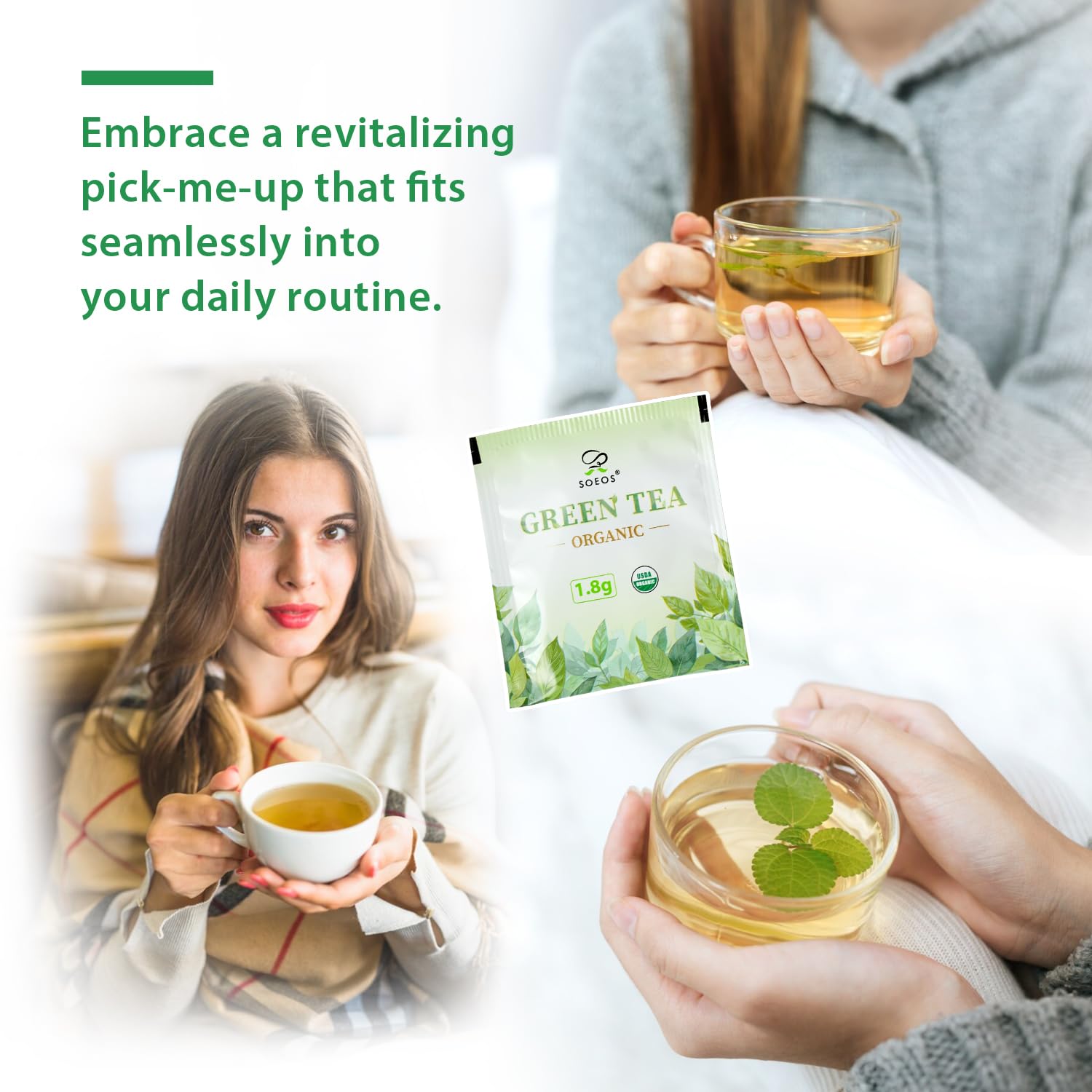 Soeos Organic Green Tea, 100 Tea Bags (Pack of 1), Caffeinated, Low Caffeine, Fresh and Healthy Green Tea, 6.3 Ounce