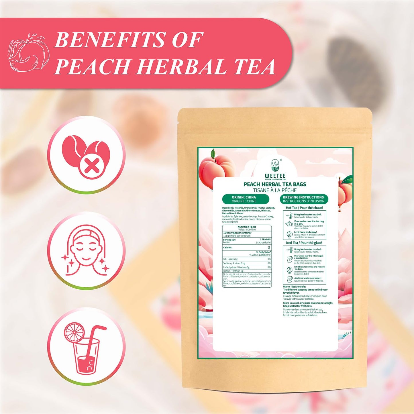 WT WEETEE Peach Herbal Tea Bags 100 Count, Bright, Juicy &amp; Fruity Infusion