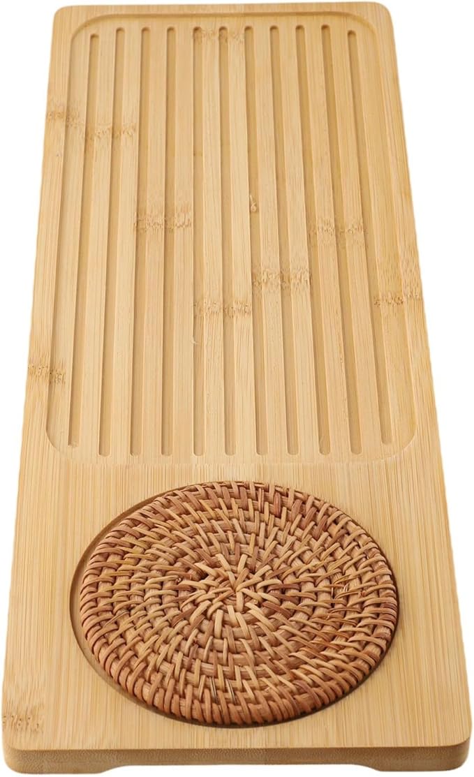 Tea Tray for Gongfu Tea, Wooden Serving Tray with Drainage Grid and Water Storage, Detachable Design, 34 * 12/40 * 15 cm