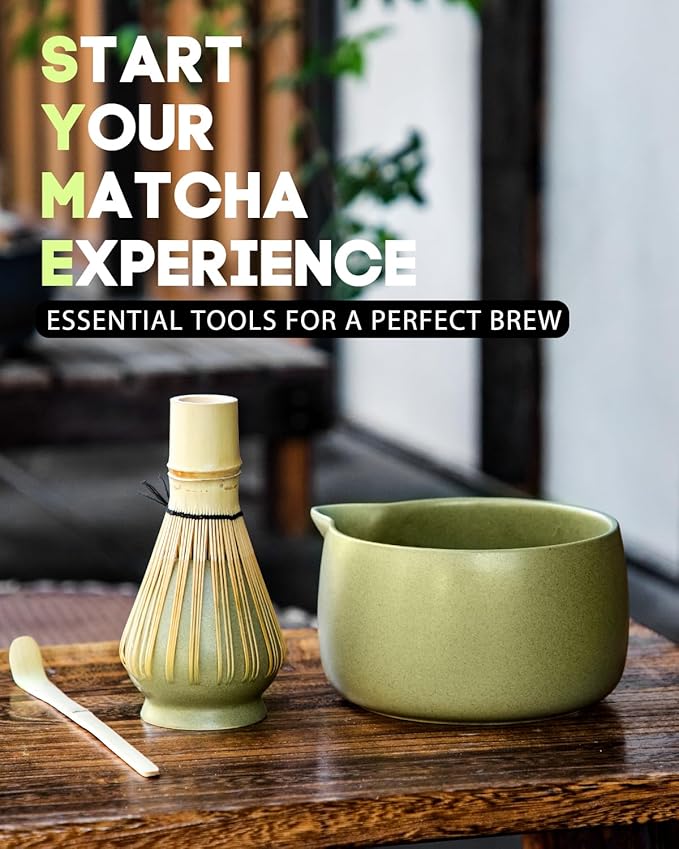 20OZ Matcha Whisk Set - 5PCS Japanese Tea Set Includes Matcha Bowl with Spout, Bamboo Whisk with Ceramic Holder, Bamboo Scoop and Sifter
