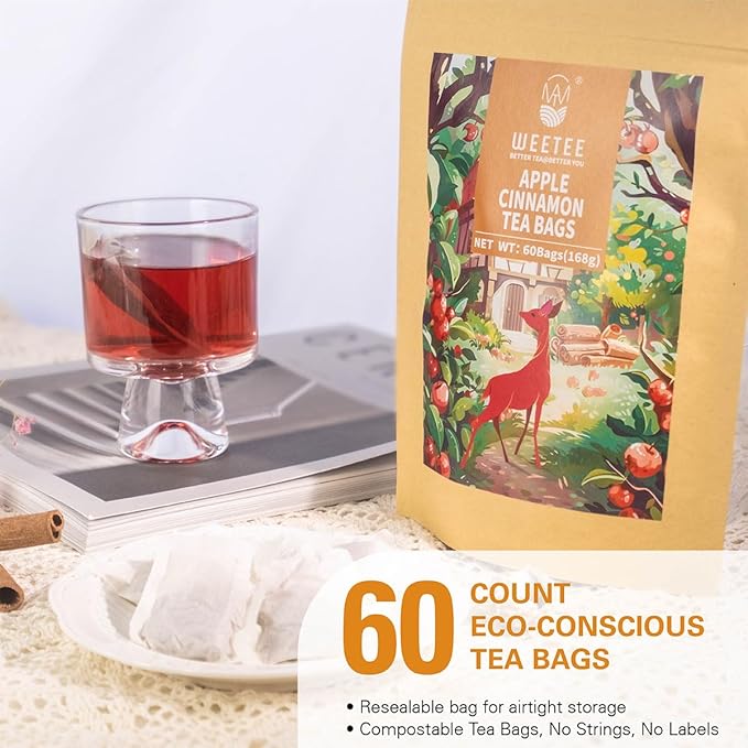 WT Weetee Apple Cinnamon Herbal Tea Bags, 60 Count, Perfect Blend of Sweet Cinnamon, Tart Hibiscus, Natural Flavoring, Caffeine-Free
