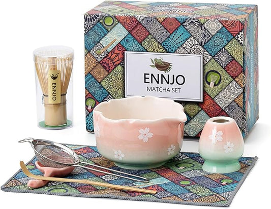 7 Pcs Matcha Whisk Set, Ceramic Matcha Bowl with Spout, Bamboo Whisk And Scoop, Stainless Steel Sifter, Ceramic Holder And Rest, Tea Towel. Full Matcha Kit Gift for Tea Lovers