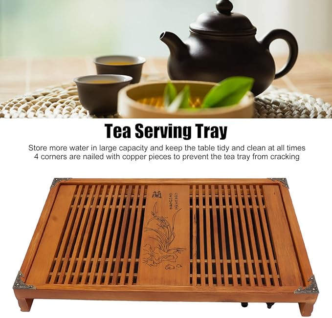 Kungfu Tea Tray Chinese Gongfu Tea Tray Drainage Water Storage Wood Tea Table with Drain Pipe (Yellow Orchid)