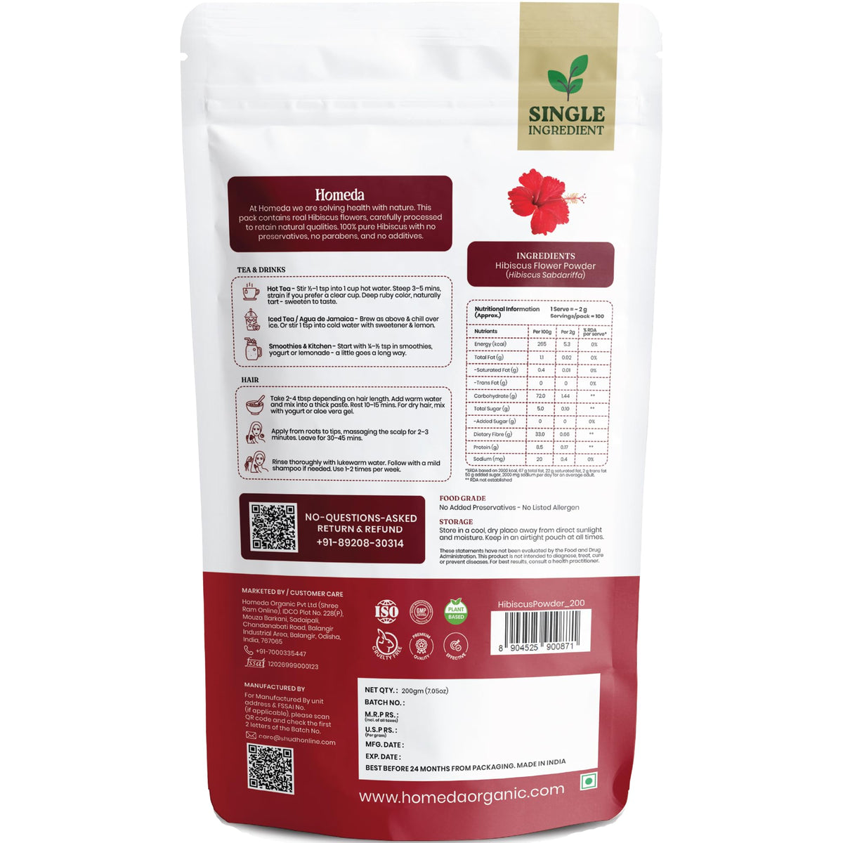 Homeda Organic Hibiscus Powder for Hair Growth (7 oz - 0.45 lb) Pure Sabdariffa Flower Powder - Dried Hibiscus Flower for
