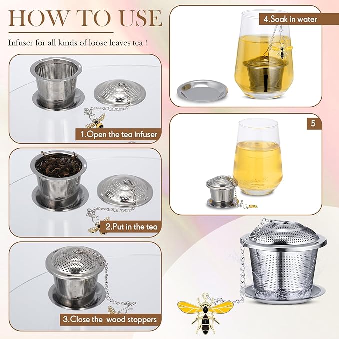 3 Sets Tea Infusers Loose Tea, Stainless Steel Leaf Strainers Steepers with Drip Trays and Honey Bee Pendant Novelty Fine Mesh