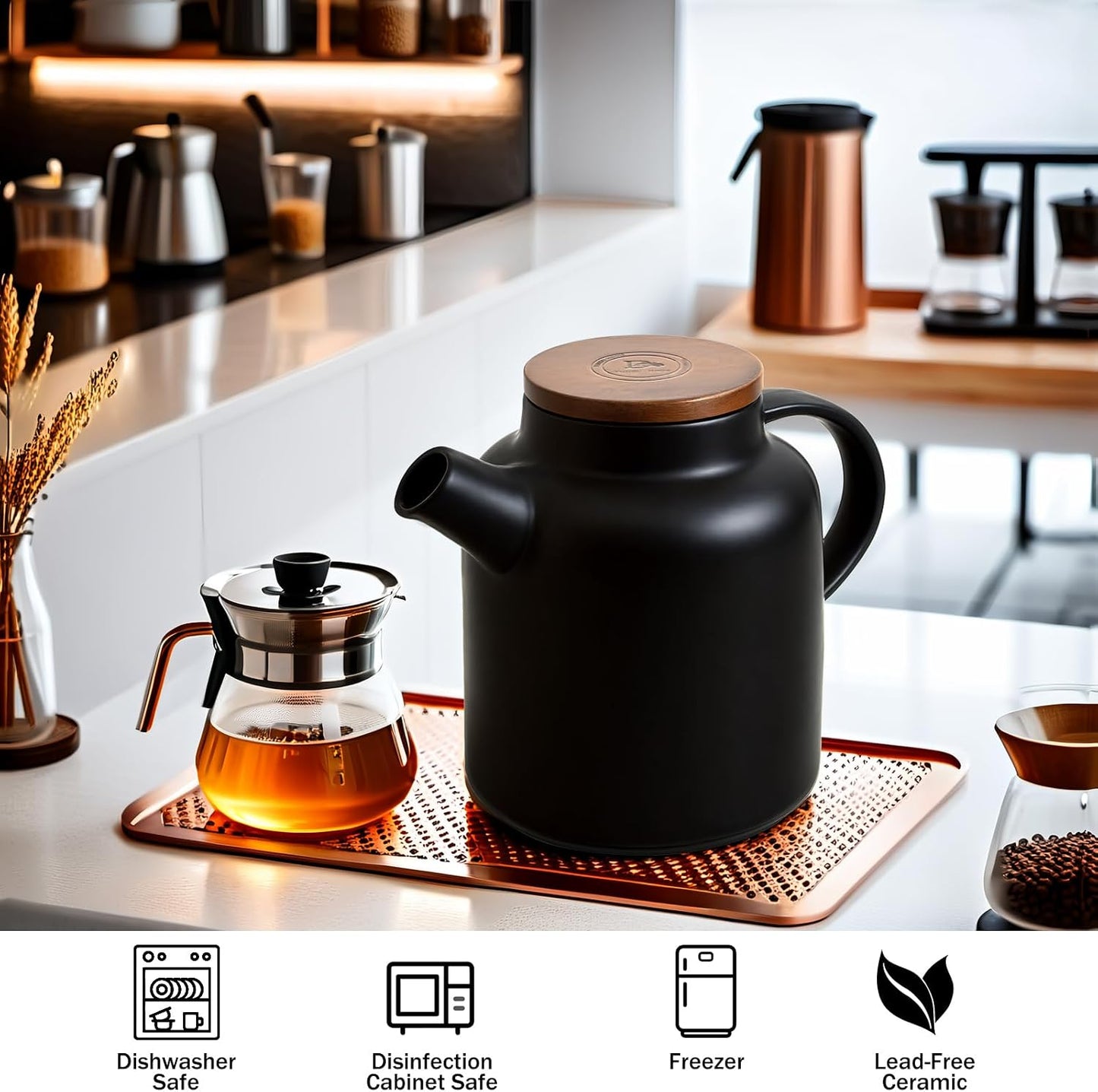 Yundu 1500ml / 50 oz Ceramic Teapot with Infuser &amp; Wood Lid - Matte Black, Loose Leaf Tea Pot with Removable Strainer, Large Capacity