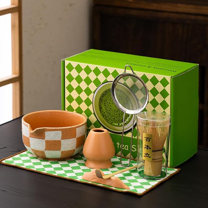 Premium 7-Piece Matcha Tea Set – Traditional Japanese Style with Elegant Grid Pattern, Includes Bamboo Whisk, Ceramic Bowl, Scoop & More