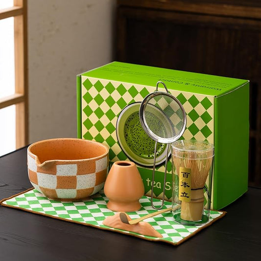 Premium 7-Piece Matcha Tea Set – Traditional Japanese Style with Elegant Grid Pattern, Includes Bamboo Whisk, Ceramic Bowl, Scoop & More