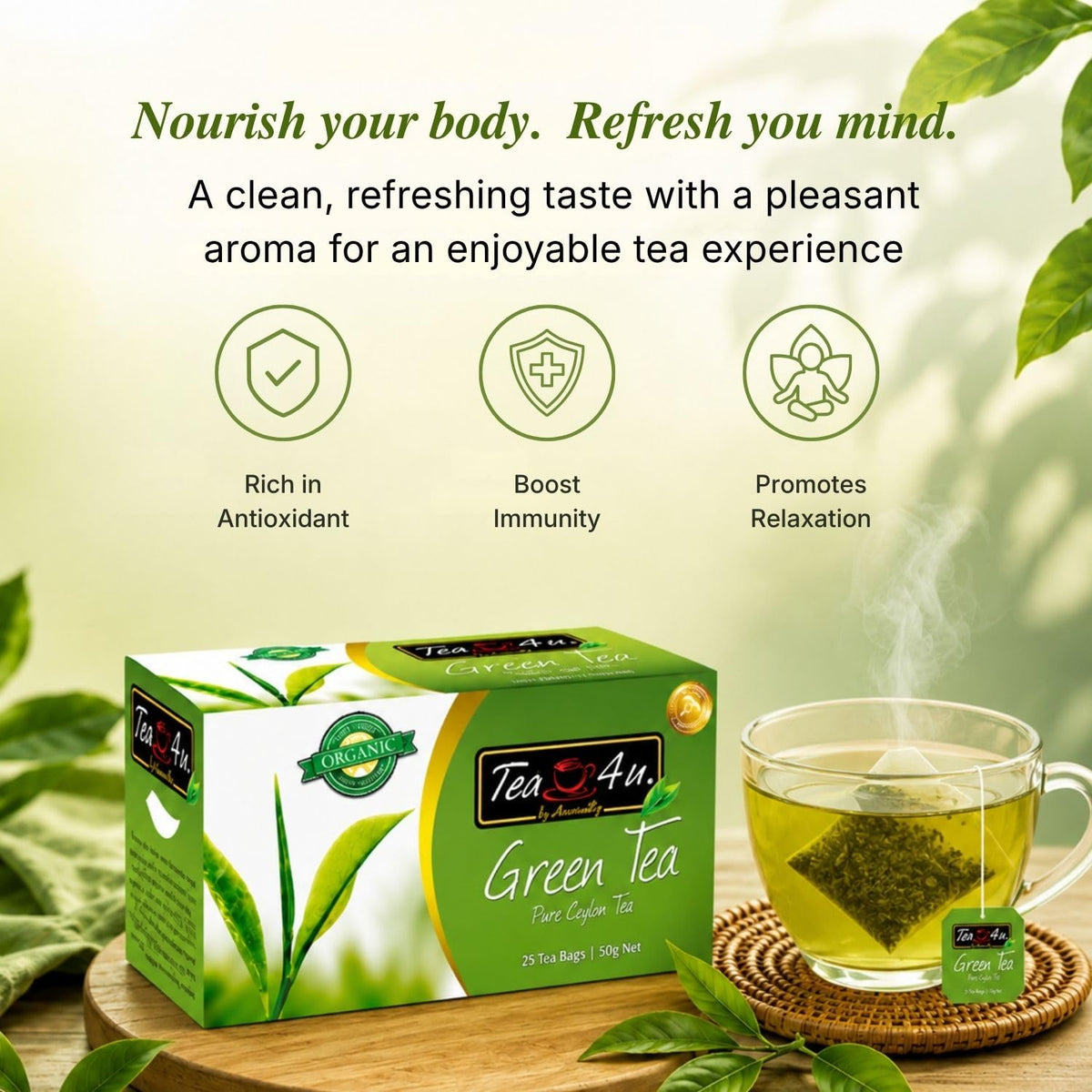 Tea4U Organic Ceylon Green Tea Bags - Handpicked Tea Leaves - 25 Count