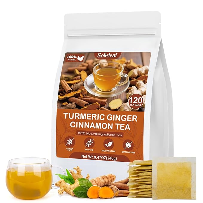Turmeric Ginger Cinnamon Tea Bags, Pure Natural Ginger Turmeric Herbal Blend Tea with Cinnamon for Promoting Digestion, Boosts Immunity, Caffeine-Free, No Additives (1 Pack/120 Bags)