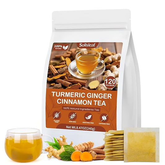 Turmeric Ginger Cinnamon Tea Bags, Pure Natural Ginger Turmeric Herbal Blend Tea with Cinnamon for Promoting Digestion, Boosts Immunity, Caffeine-Free, No Additives (1 Pack/120 Bags)
