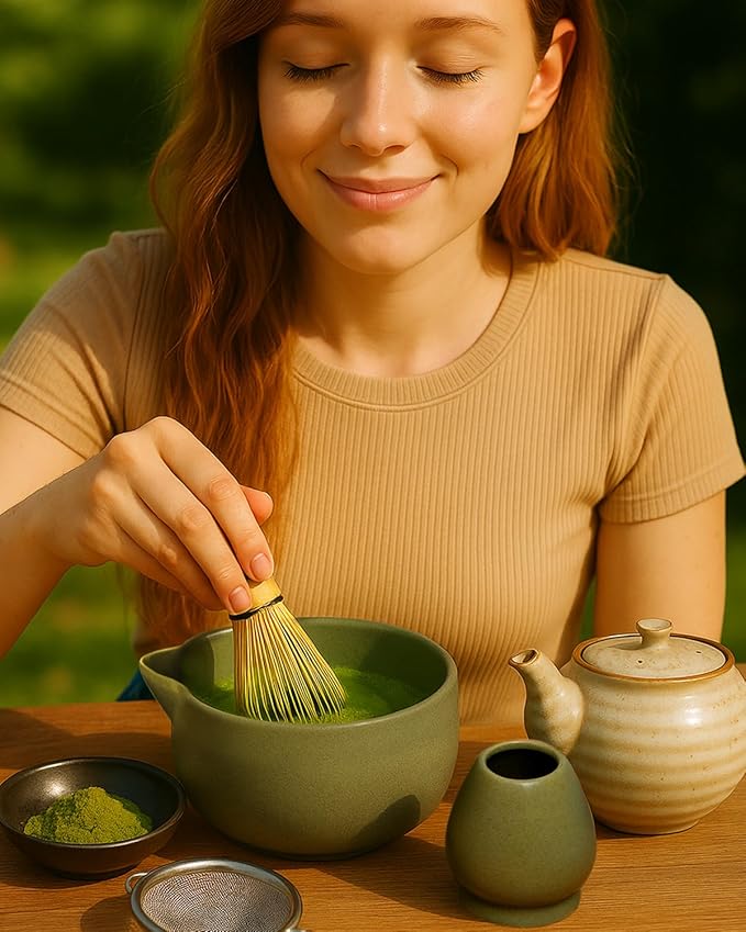 20OZ Matcha Whisk Set - 5PCS Japanese Tea Set Includes Matcha Bowl with Spout, Bamboo Whisk with Ceramic Holder, Bamboo Scoop and Sifter