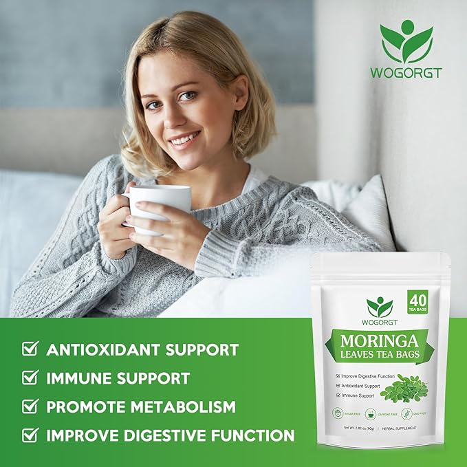 Wogorgt Organic Moringa Tea Bags - Pure Moringa Leaves Herbal Tea from India - Rich in Natural Antioxidants & Supports Daily Wellness - Caffeine Free