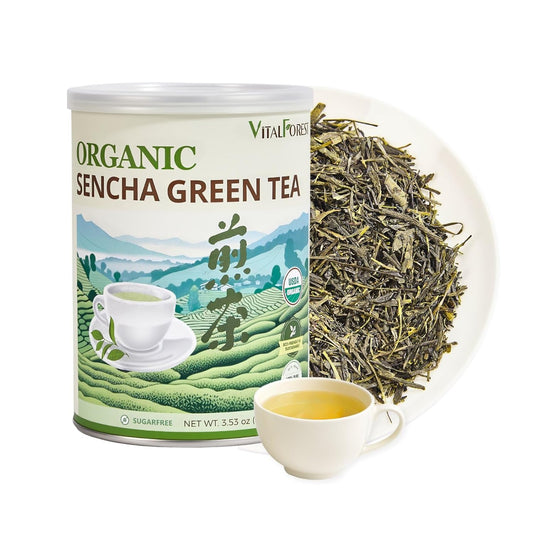 Organic Sencha Green Tea Loose Leaf – 3.53oz/100g, USDA Organic, Whole Leaf Green Tea, VitalForest Premium Steam-Fixed Green Tea, Mild Umami Taste