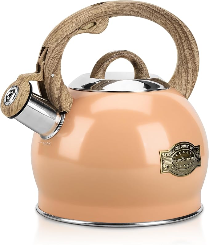 Tea Kettle Stovetop, 2.1 Quart Stove Top Whistling Tea Kettle, Teapot Kettles with Food Grade Stainless Steel and Wood Pattern Folding Handle