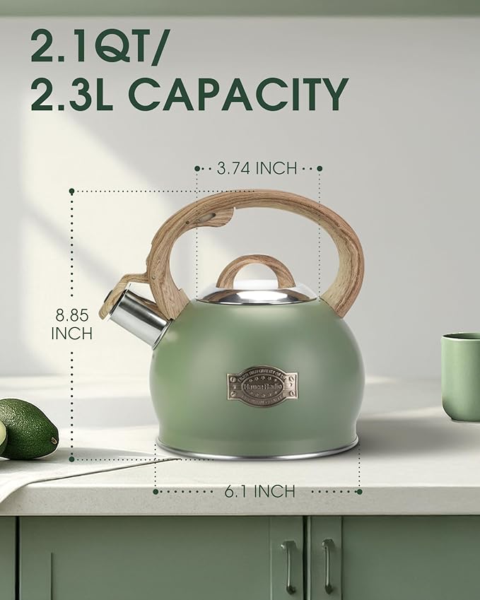 Tea Kettle Stovetop, 2.1 Quart Stove Top Whistling Tea Kettle, Teapot Kettles with Food Grade Stainless Steel and Wood Pattern Folding Handle