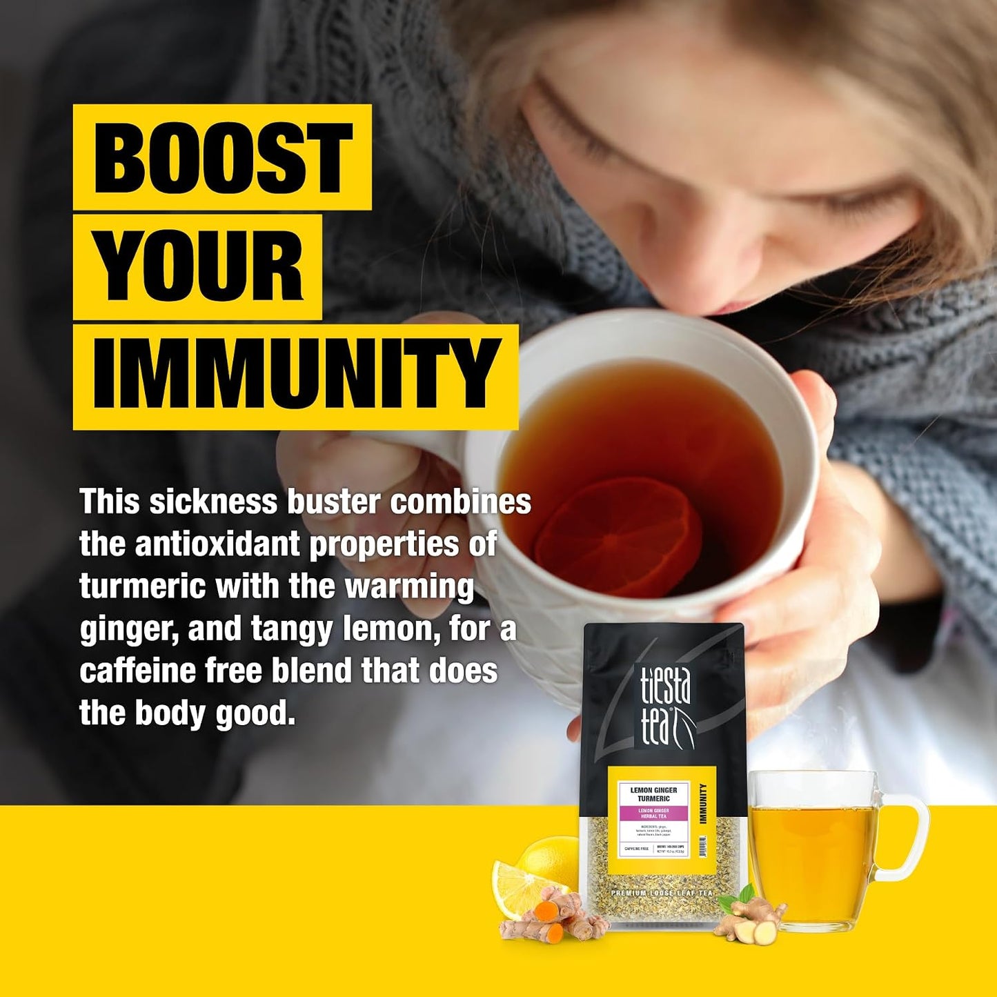 Tiesta Tea - Lemon Ginger Turmeric, Loose Leaf, Lemon Ginger Herbal Tea | Premium Non-Caffeinated Herbal Blend, Make Hot or Iced &amp; Brews Up to 200 Cups, 16 Ounce Resealable Bulk Pouch