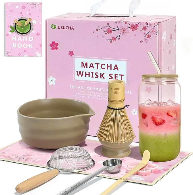 9PCS Matcha Whisk Set, Ceramic Bowl with Spout, Bamboo Whisk & Holder, Matcha Cup, Ceremony Tea Maki