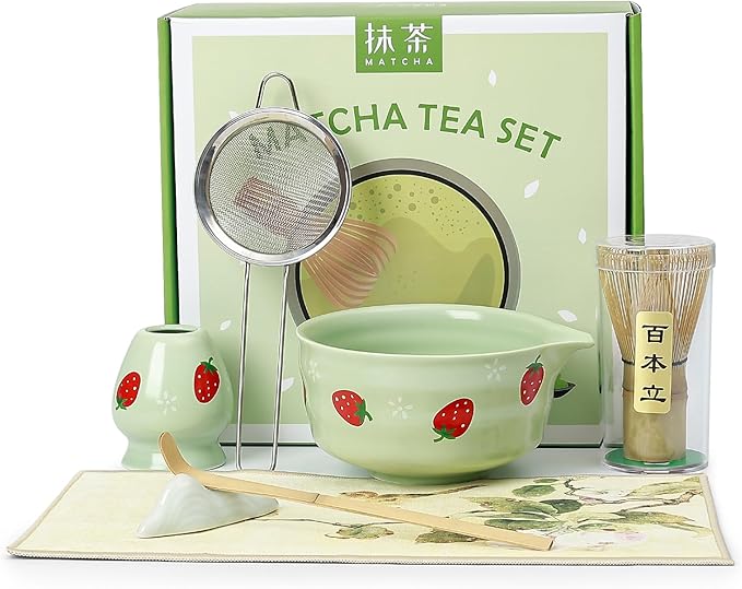Koythin 7-Piece Ceramic Matcha Whisk Set, Adorable Strawberry Bowls Set with Whisk Holder Scoop Towe