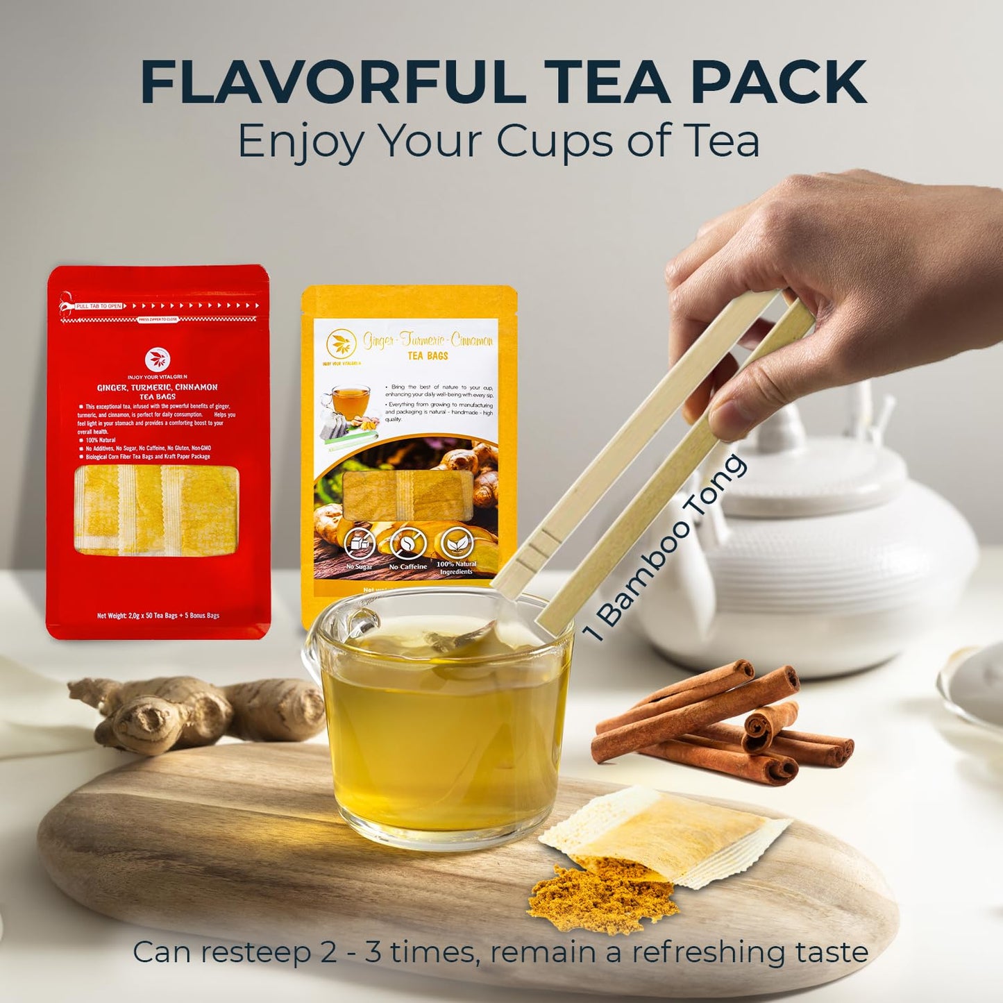 Ginger Turmeric Cinnamon Tea Bags, 55 Count, 5.47 oz | With Bamboo Tong, Re-Steep Corn Based Tea Bags, No Sugar Added, Natural Herbal Tea for Body Warm, Relax, Refreshing