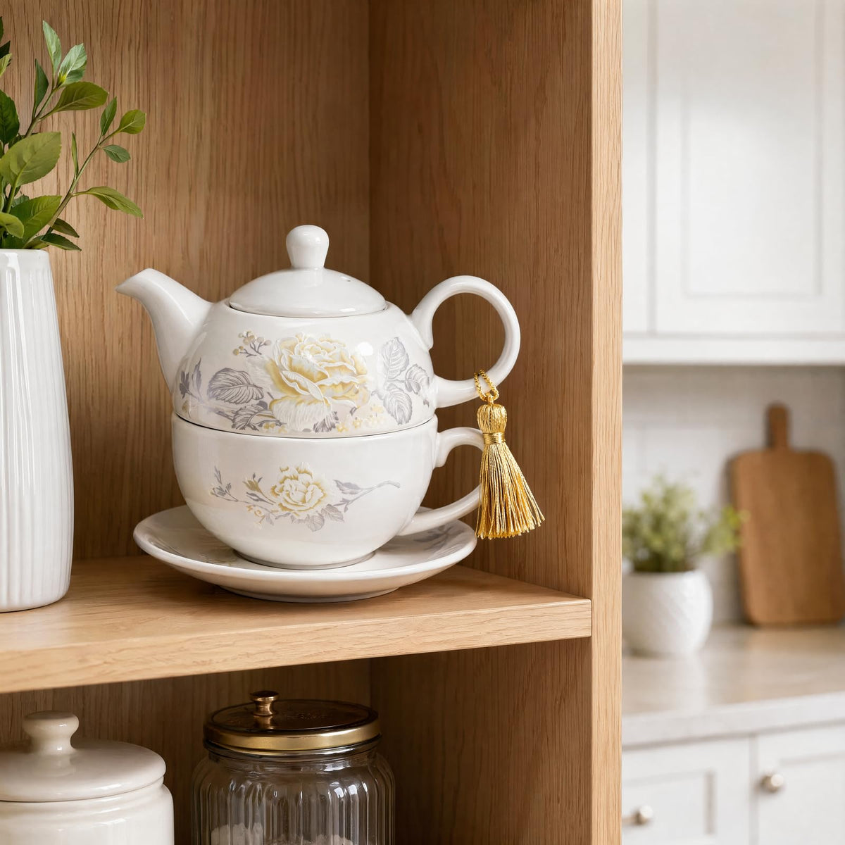 Nagpew Tea for One Set, Porcelain Floral Teapot Cup Saucer Set