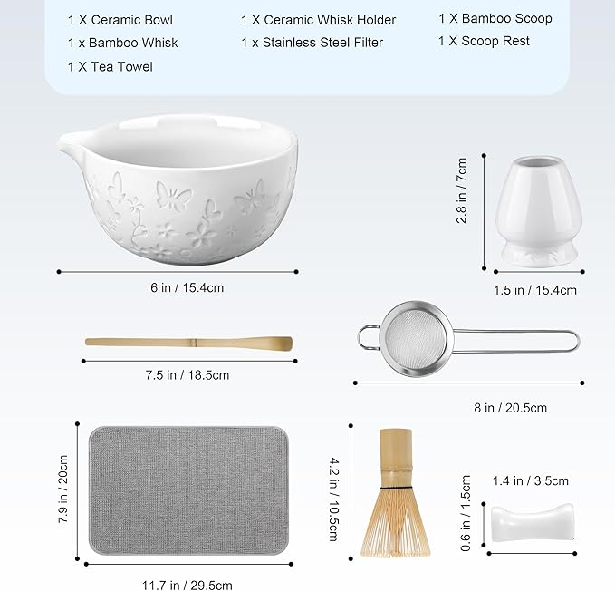 7 PCS Matcha Set Ceramic Matcha Making Kit, Bamboo Whisk, Bowl With Spout, Powder Starter Sifter, Ceramic Whisk Holder, Tea Towel, Scoop and Scoop Rest Matcha Whisk Set for Matcha Lover White