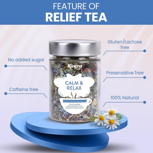 Kintra Foods Calm &amp; Relax Loose Leaf | Herbal Blend With Chamomile, Lavender and Passionflower | Soothing Tea | Caffeine-Free Calming Tea | 60g Jar for Ultimate Relaxation