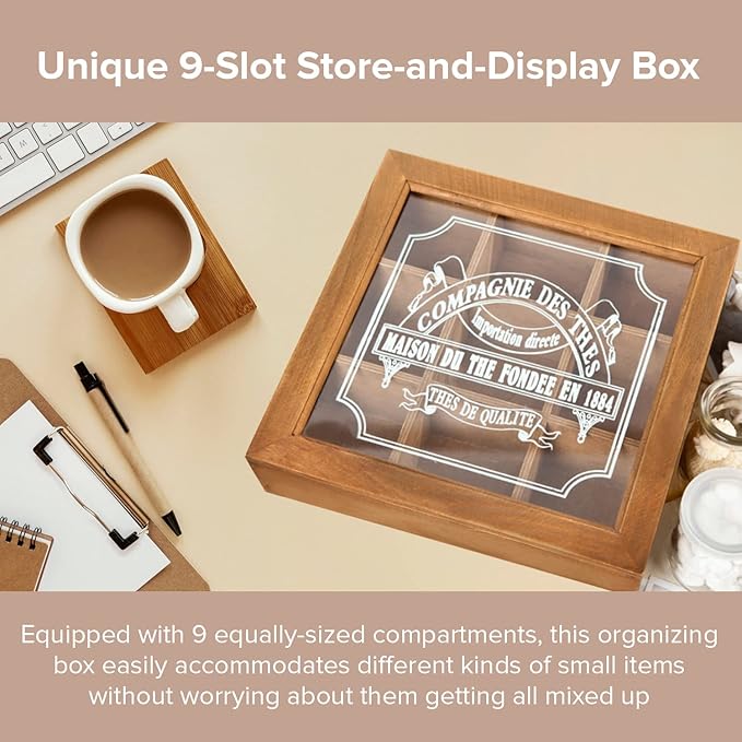 9-Slot Mini Wooden Storage Box with Glass Cover (9.44x9.44x2.8in) Collectibles Display Case - Square Wood Organizer Box with Dividers