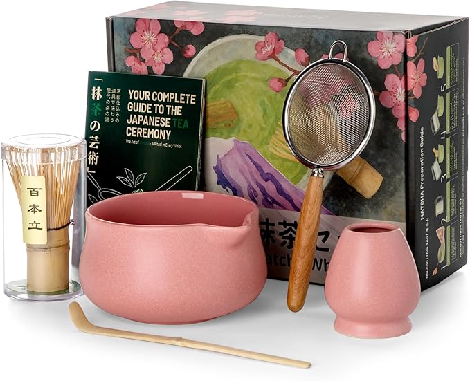 Nucookery Matcha Whisk Set - 5 Pcs Matcha Set with 18oz Ceramic Matcha Bowl (Chawan) with Spout, Bamboo Whisk & Holder, Scoop and Sifter
