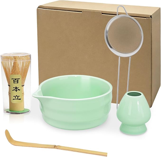 ZaH Matcha Whisk Set Includes Matcha Whisk and Bowl/Ceramics Whisk Holder/Bamboo Tea Scoop/Sifter - Japanese Matcha Set Kit (5pcs), Green