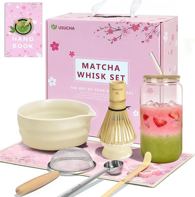 9PCS Matcha Whisk Set, Ceramic Bowl with Spout, Bamboo Whisk & Holder, Matcha Cup, Ceremony Tea Maki