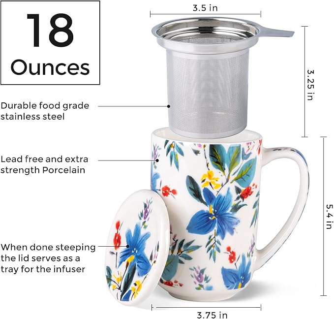AmorArc Porcelain Tea Mug with Infuser and Lids, 18 Oz Coffee Cup Strainer with Bag Holder for Loose Leaf Tea