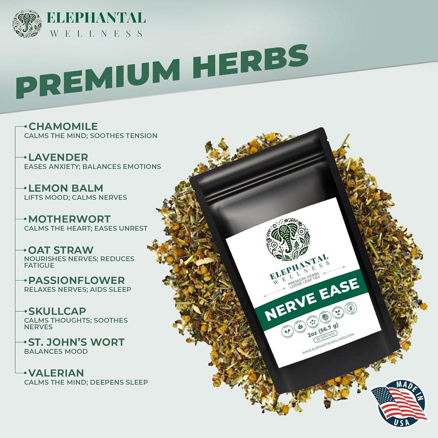 Elephantal Wellness Nerve Ease Herbal Tea | Botanical Blend with Chamomile, Passionflower, Lemon Balm, Valerian &amp; St. John's Wort | Loose Leaf, Caffeine-Free, 2oz, 20 Servings