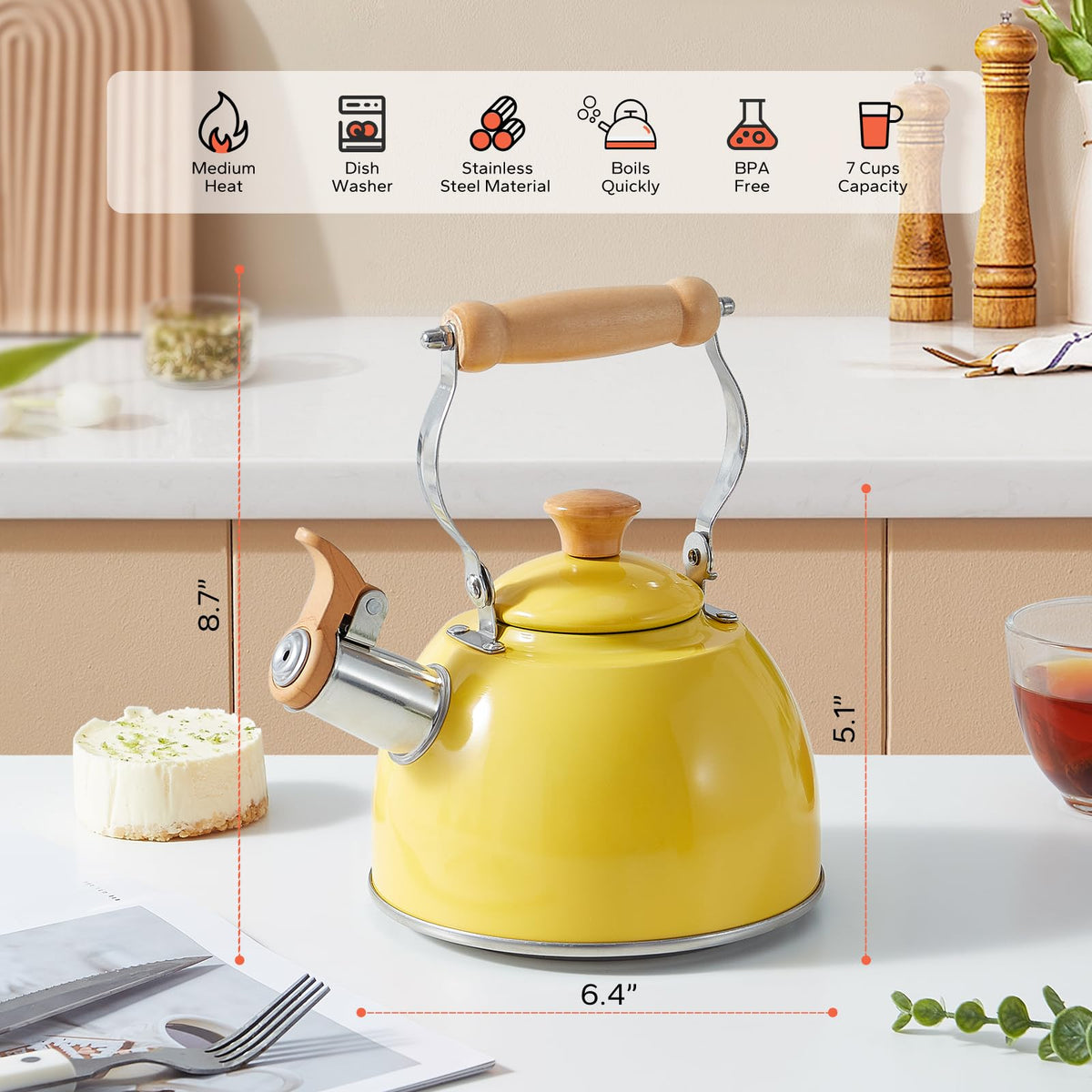 ROCKURWOK Whistling Tea Kettle, Tea Pot All Stovetop Safe, 1.6 Quart Yellow