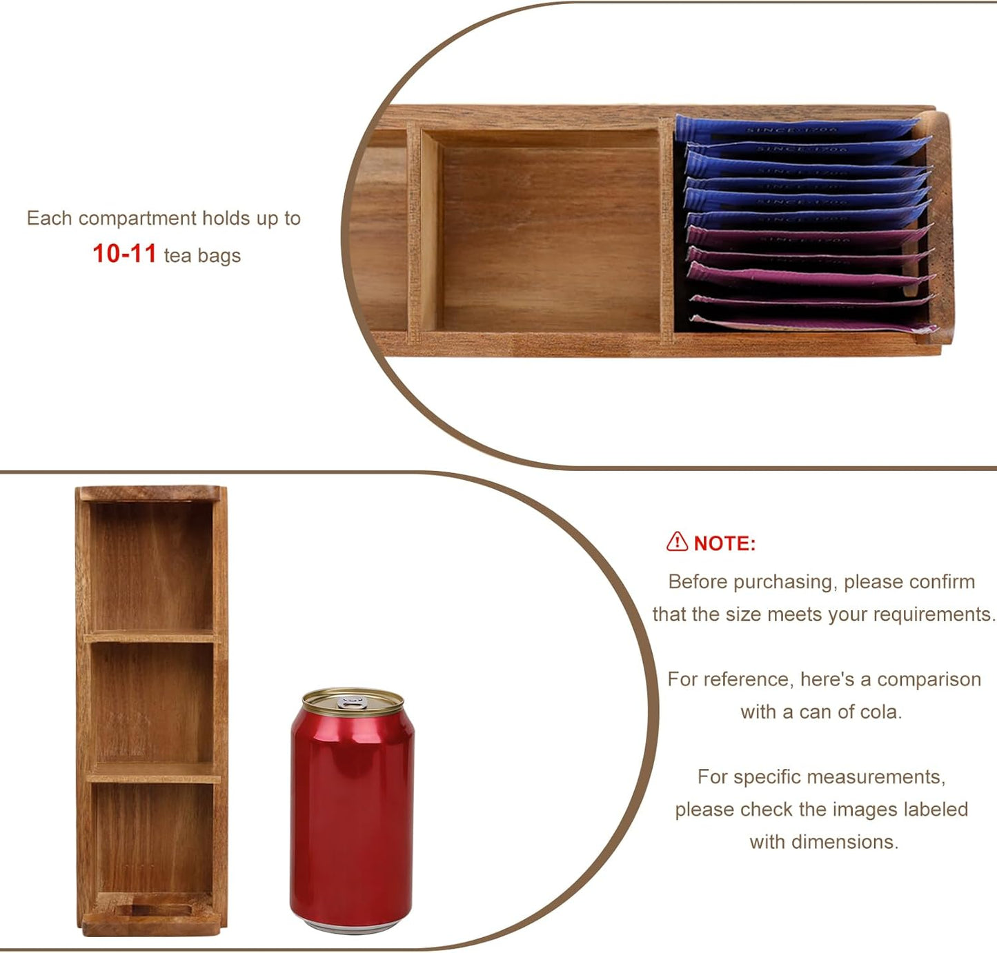 HTB 2 Pack Acacia Wood Small Tea Bag Box with 3 Compartments for Counter | Tea Bag Chest with Handle, Mini Countertop Divided Storage Container for Beverage Supplies, Sugar, Sweeteners