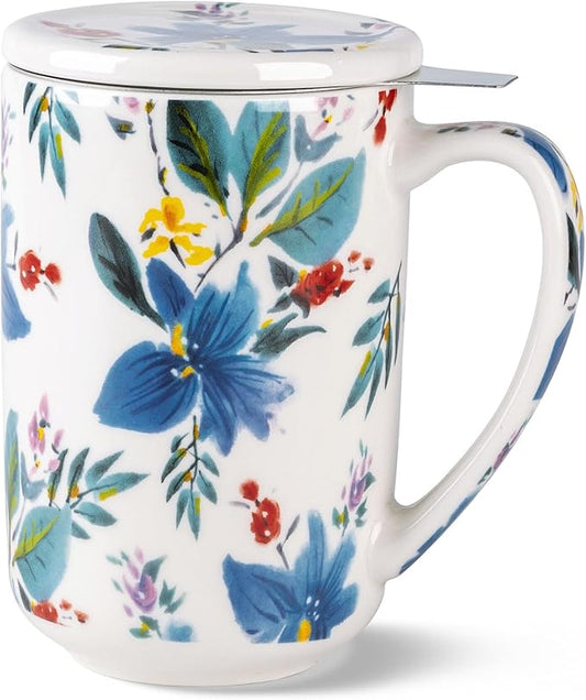 AmorArc Porcelain Tea Mug with Infuser and Lids, 18 Oz Coffee Cup Strainer with Bag Holder for Loose Leaf Tea