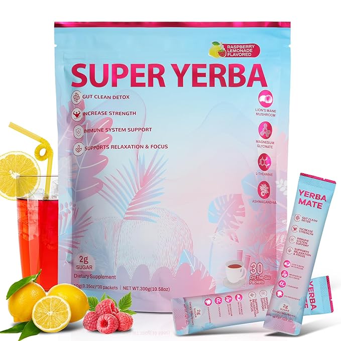 Super Yerba Mate Instant Powder, Yerba Mate with Lions Mane, Ashwagandha, Magbesium for Man & Women | Clean Energy & Focus Boost | Gut Support, Antioxidants | Raspberry Lemonade Flavor - 30 Servings