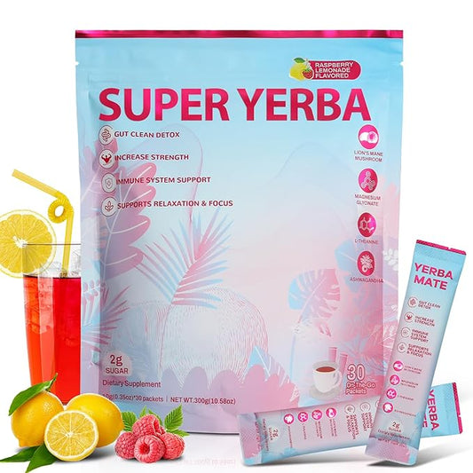 Super Yerba Mate Instant Powder, Yerba Mate with Lions Mane, Ashwagandha, Magbesium for Man & Women | Clean Energy & Focus Boost | Gut Support, Antioxidants | Raspberry Lemonade Flavor - 30 Servings
