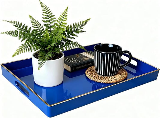 Zosenley Decorative Tray, Rectangular Plastic Tray with Handles, Modern Vanity Tray and Serving Tray for Bathroom, Kitchen, Ottoman and Coffee Table, 15.6” x 10.2” (Drak Blue)
