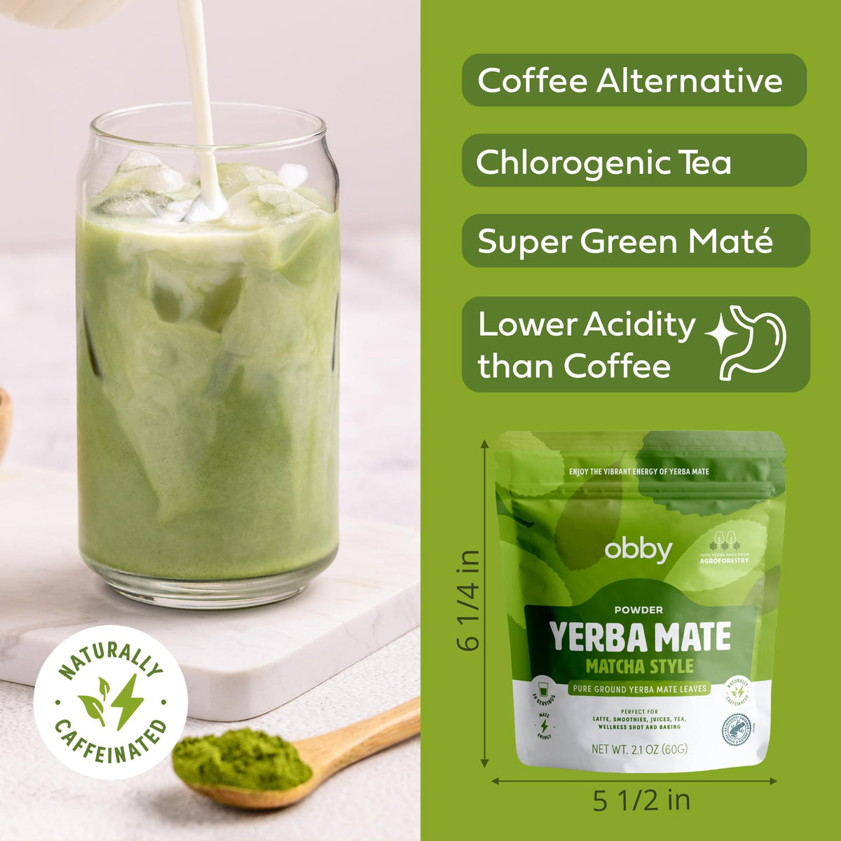 Obby Pure Green Yerba Mate Powder - Matcha Style - 60G