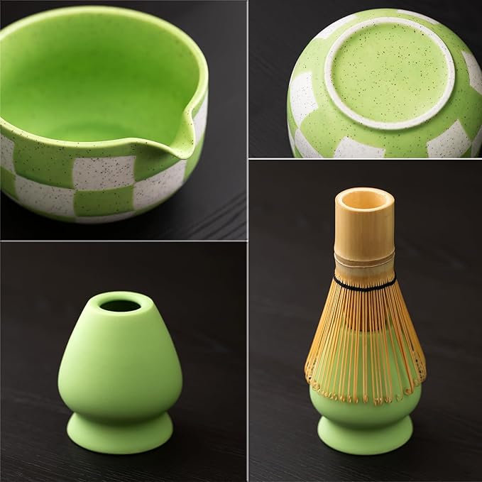 7pcs Traditional Matcha Tea Ceremony Set, green Ceramic Bowl with Bamboo Whisk, Holder and Strainer (Green grid) Elegant Matcha Set for Gifting and