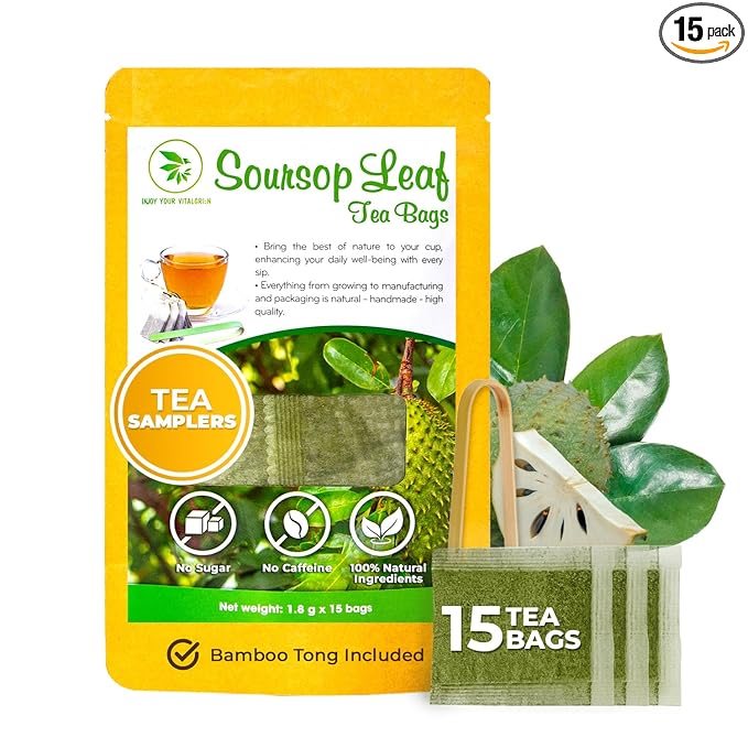Soursop Graviola Leaf Tea Samplers - 15 Count, Bamboo Tong Included, No Sugar Added, No Caffeine