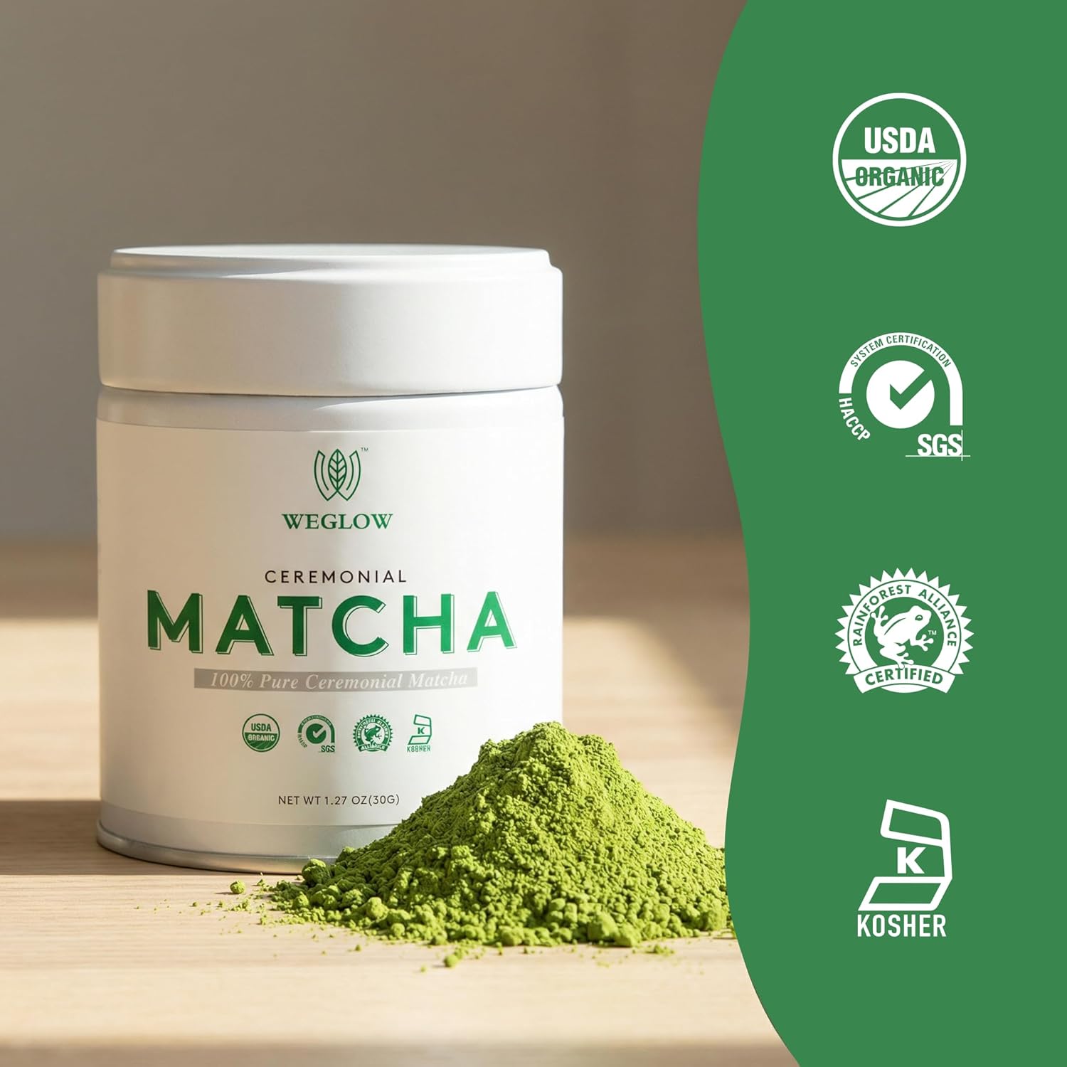 WEGLOW Matcha Power Organic Ceremonial Grade Matcha Powder -First Harvest Ceremonial Grade Matcha Green Tea Powder，KOSHER & SGS Certified(30g/1.06oz)